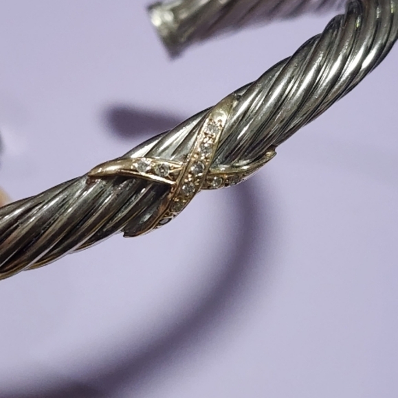 Sterling and 14K gold and diamond "X" Cable Twist cuff bracelet - Picture 3 of 12